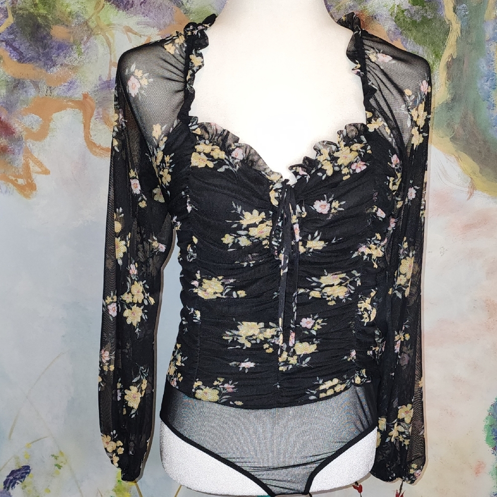 Lulu's Black Floral Mesh Bodysuit